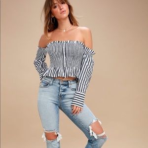 Lulus I LIKE YOU A YACHT Blue Striped Off Shoulder